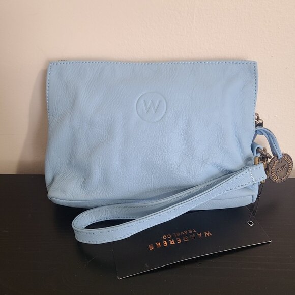 Wanderers Travel Co The Milano Small Clutch Sky Blue Leather Bag - Picture 1 of 8